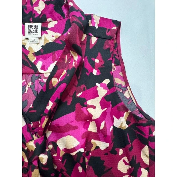 Anne Klein Blouse Women XS Pink Black Excellent Tie Neck Abstract Sleeveless - Picture 5 of 8